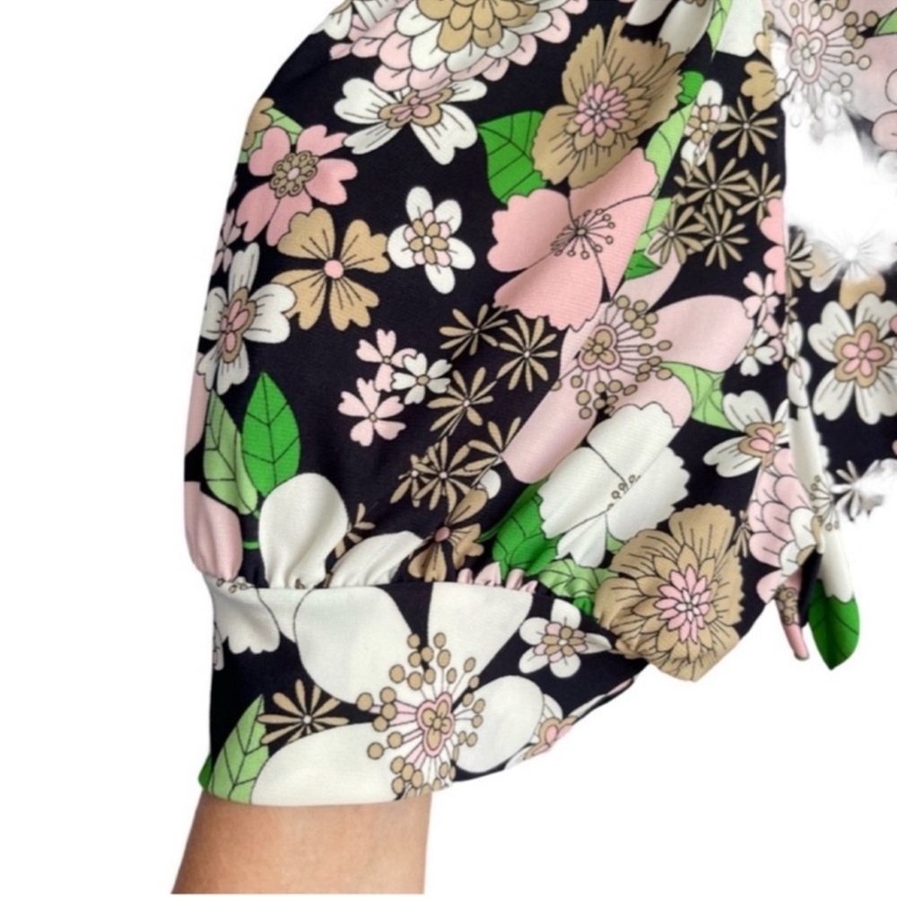 Tommy Hilfiger Short Sleeve Dress Floral V-neck Black Green Pink Tan Size 10 - Picture 7 of 10